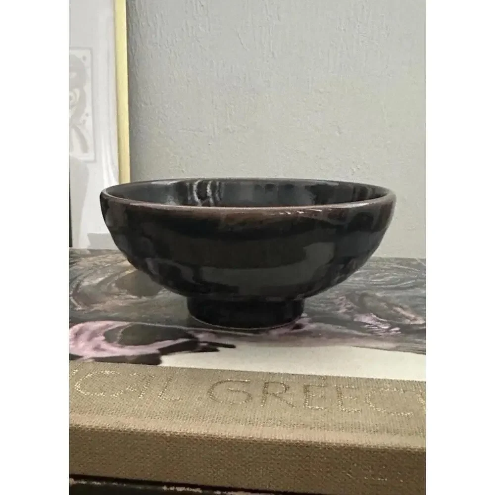 Set of 2 Japanese Tea Bowls Chawan Dark Tenmoku Glaze Black & Brown Glossy